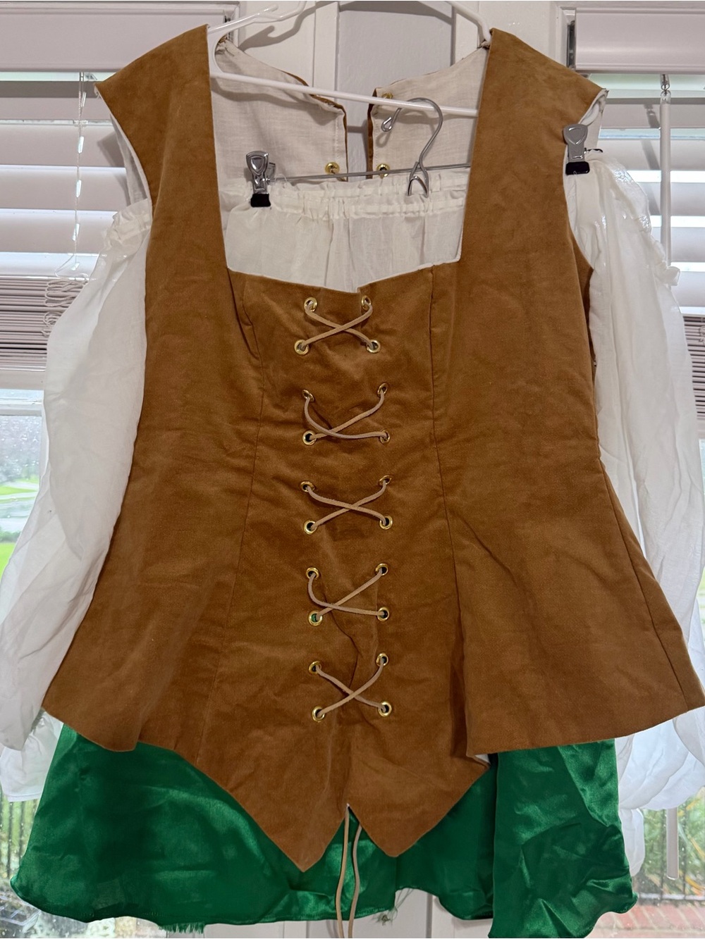 Renaissance faire costume dress green satin white peasant blouse corset XL